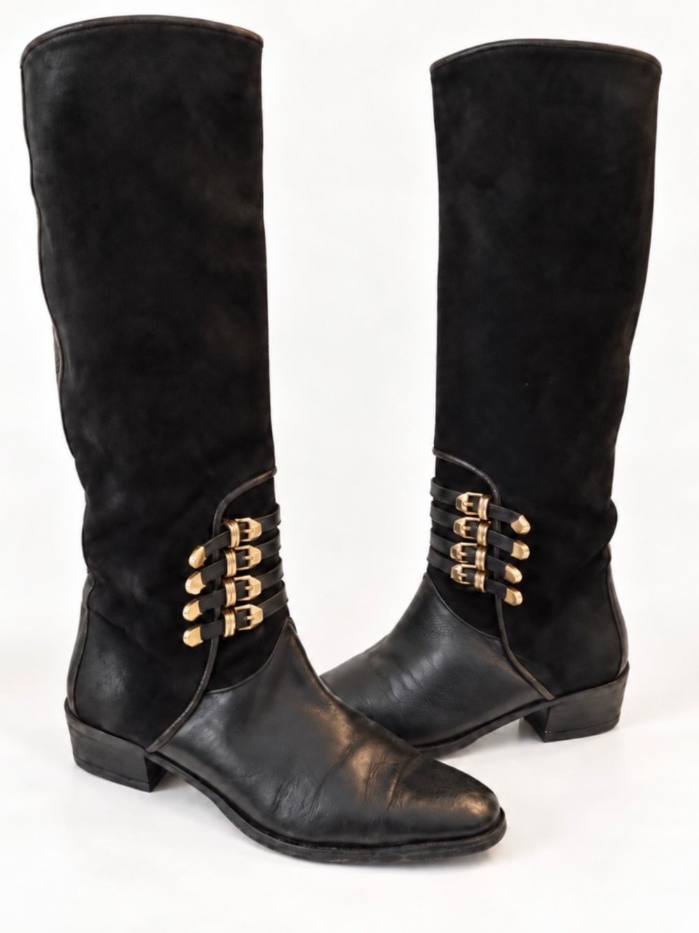 Vintage 90s Via Spiga Leather Suede Knee High Boots Gold Buckles Italy